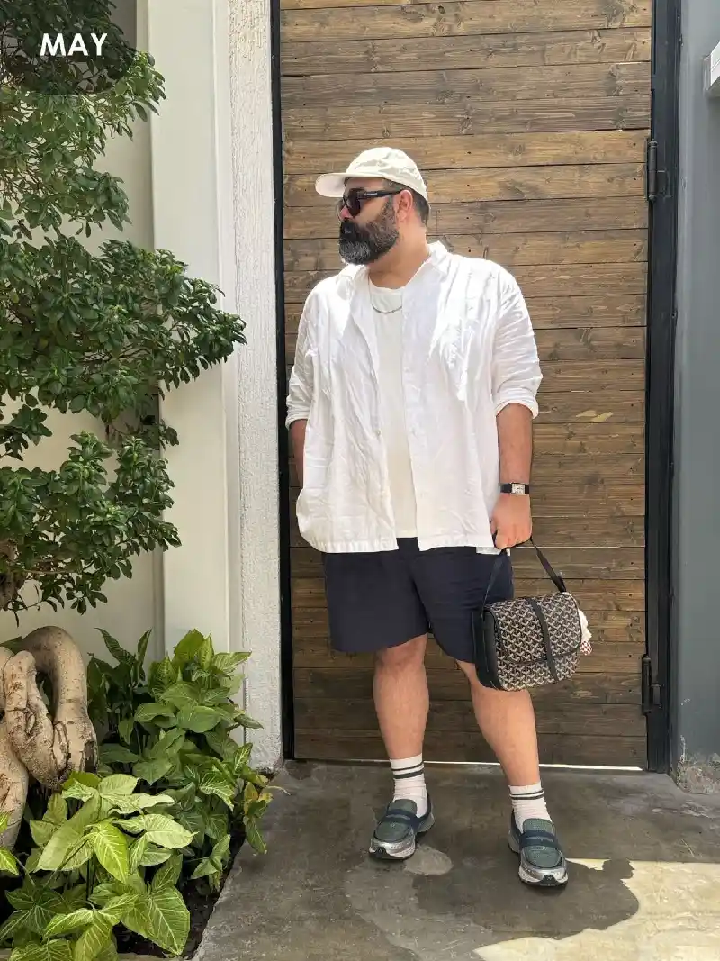 White Linen Shirt, Navy Shorts, and Loafer Sneakers