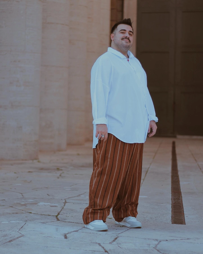 White Oversized Shirt With Brown Striped