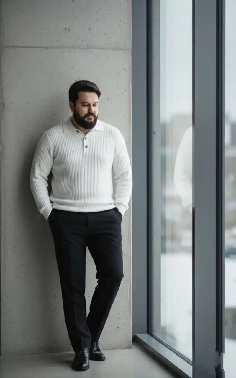 White Ribbed Knit Polo and Black Tailored Trousers