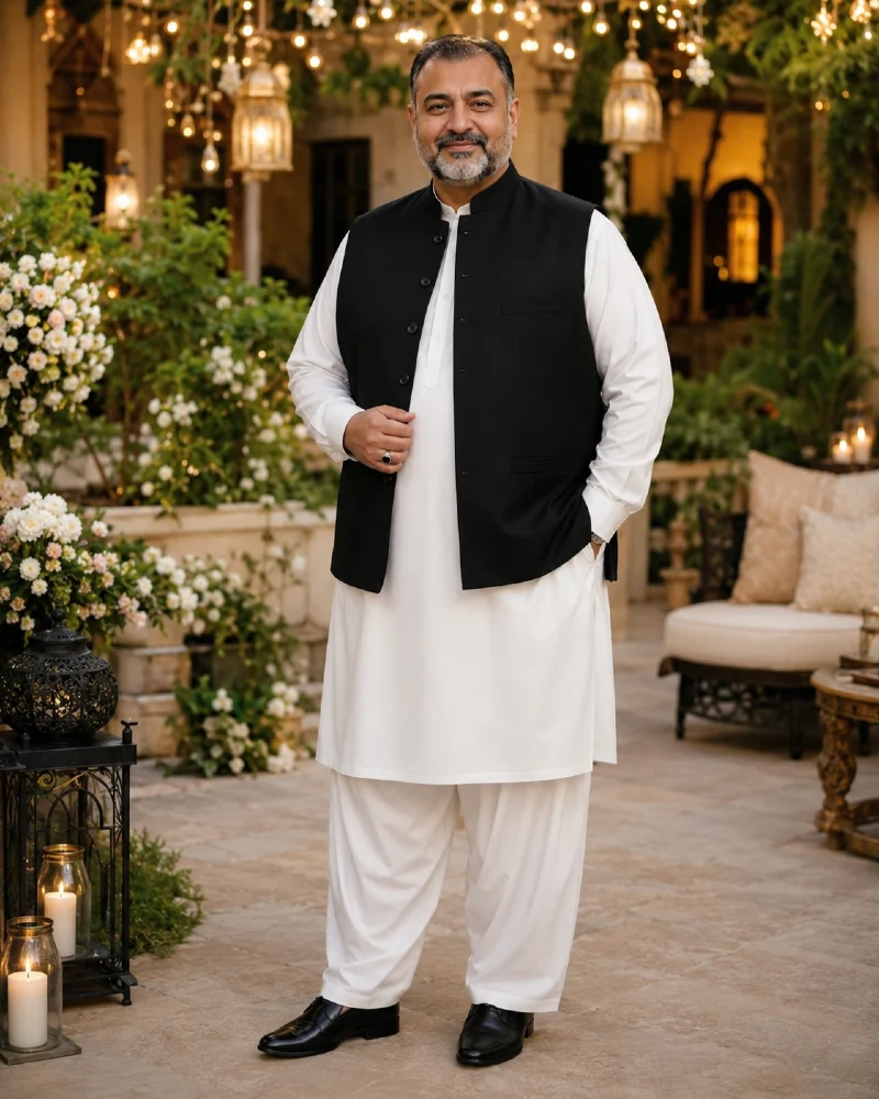 White Shalwar Kameez with Black Waistcoat