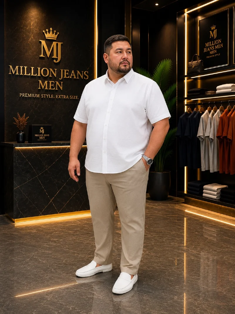 White Short-Sleeve Button-Up with Beige Chinos