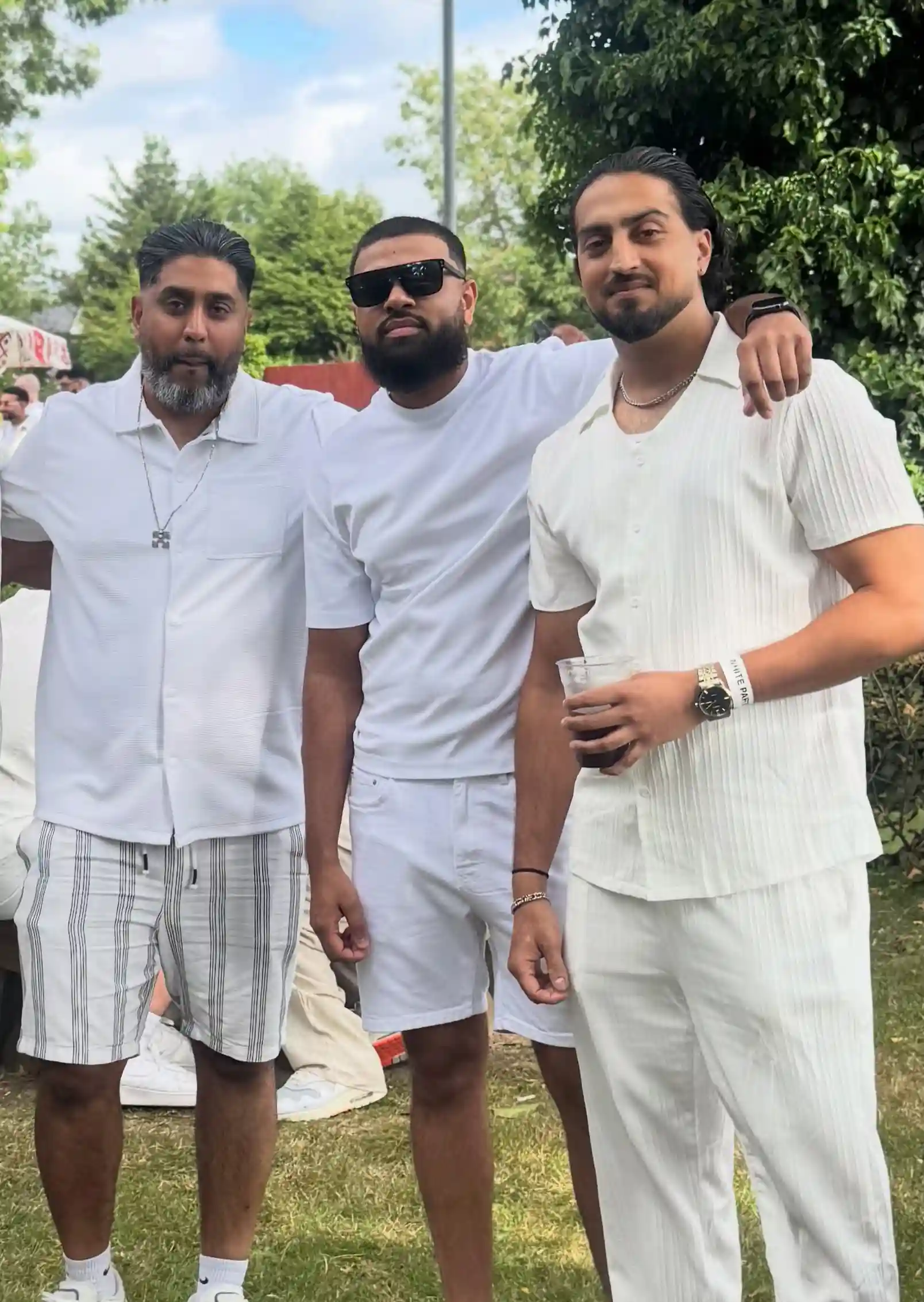 White Short-Sleeve Cuban Collar Shirt, Tank Top, and Shorts