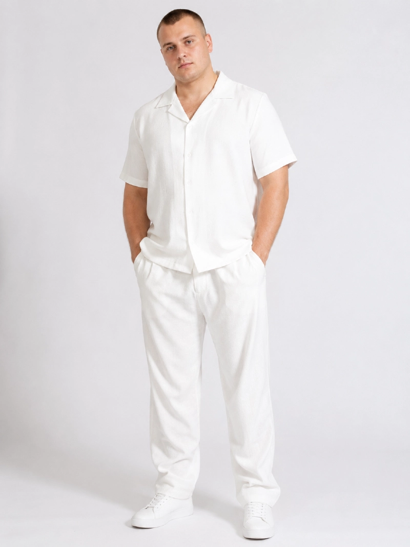 White Short-Sleeve Cuban Collar Shirt and Pants