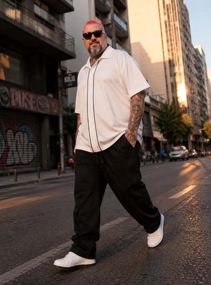 White Short-Sleeve Polo Shirt and Black Pants