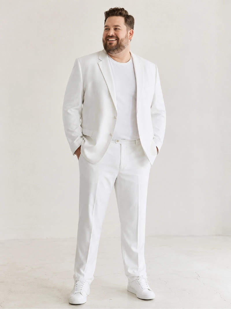 White Suit Jacket, Crew Neck T-Shirt, and Dress Pants
