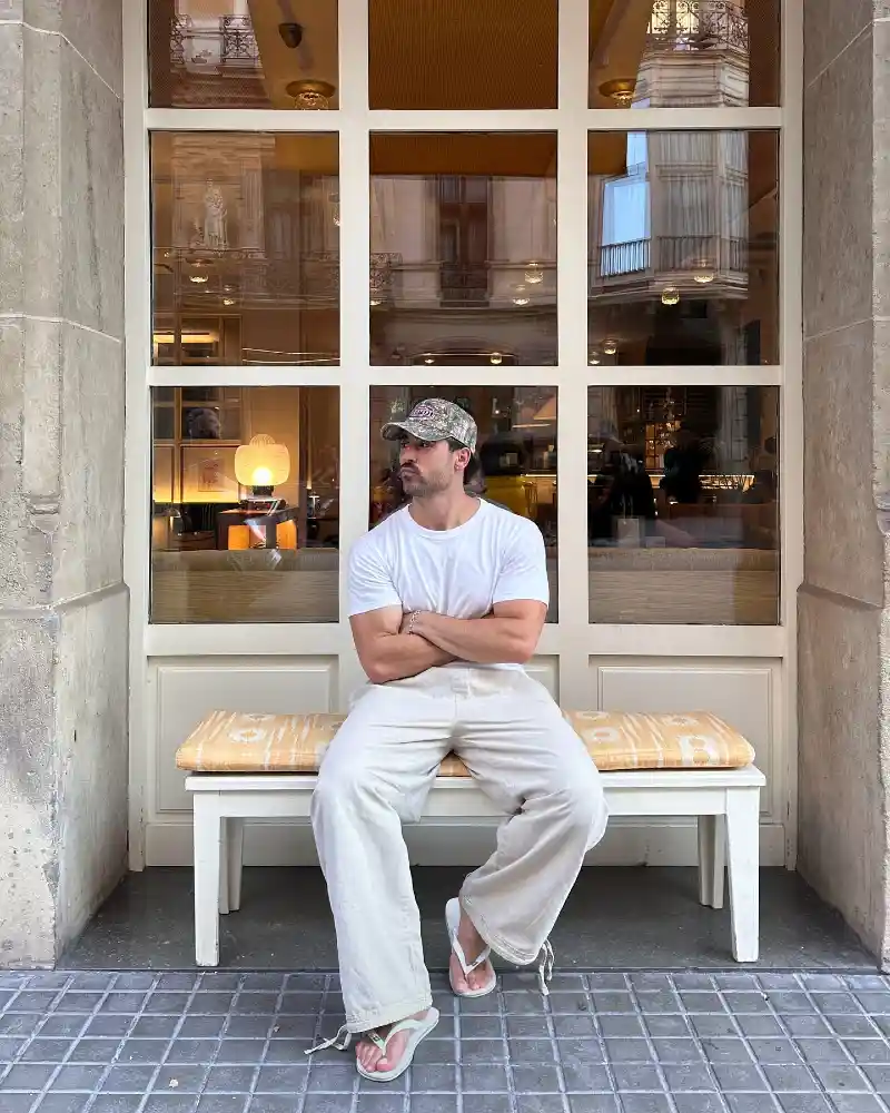White T-Shirt, Wide-Leg Trousers, and Flip-Flops