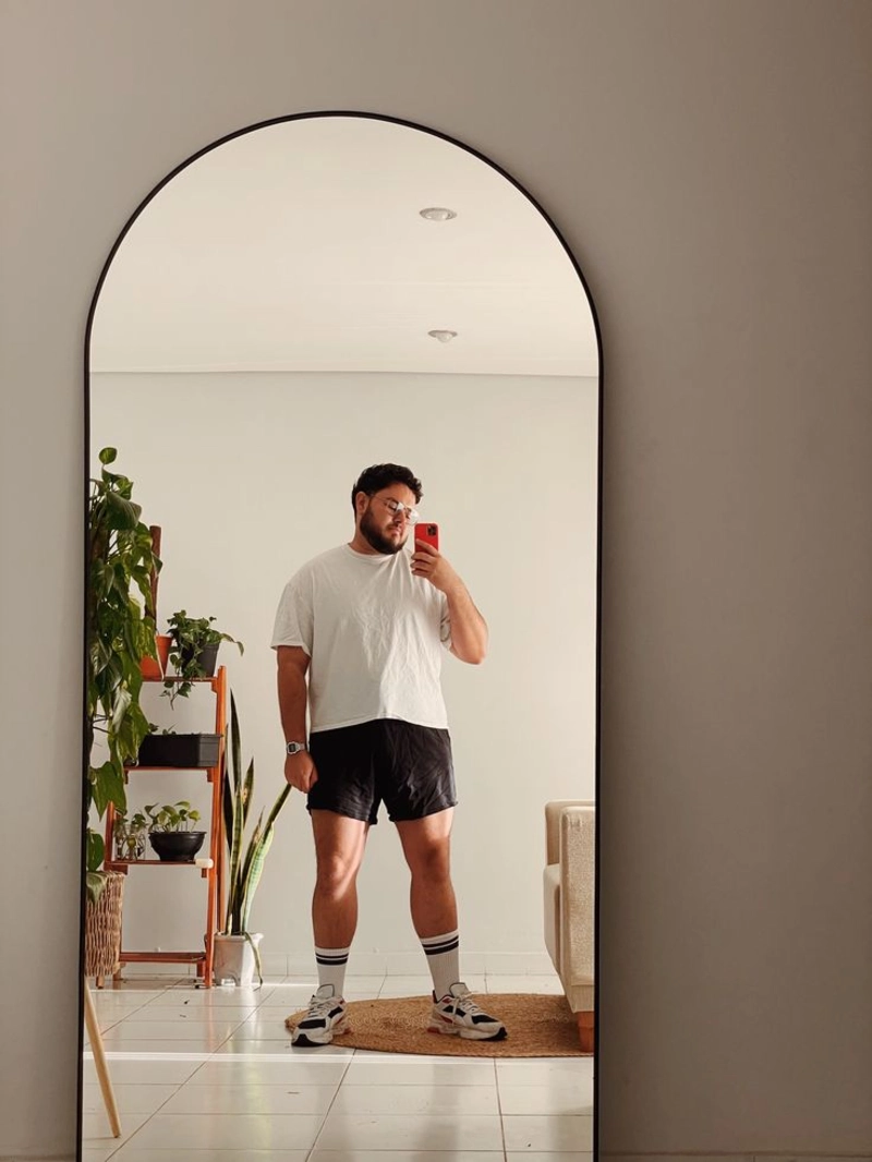 White T-Shirt and Black Athletic Shorts