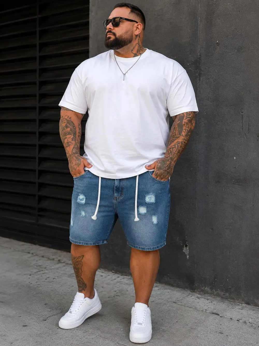 White T-Shirt and Denim Shorts