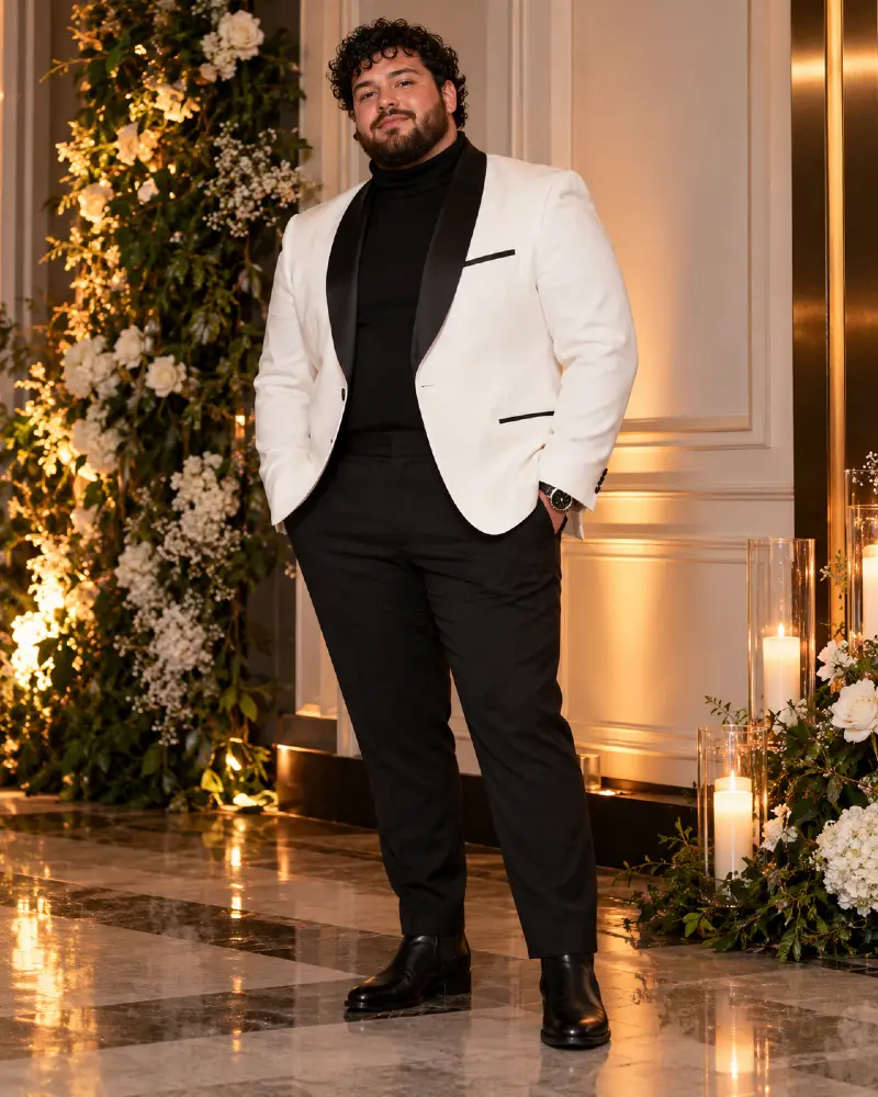 White Tuxedo Jacket With Black Turtleneck And Satin Lapels