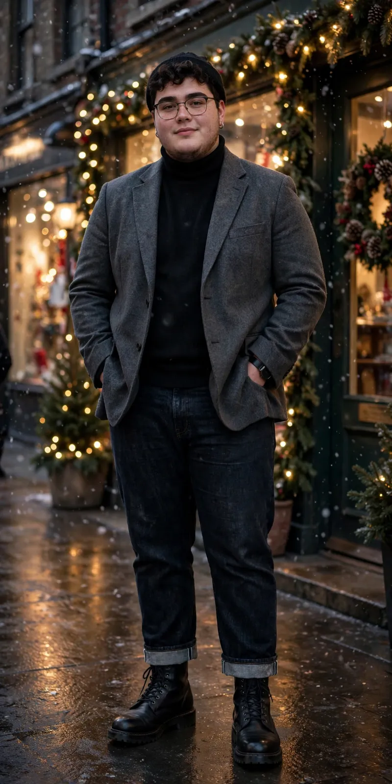Wool Blazer, Turtleneck Sweater, Cuffed Dark Jeans, and Lace-Up Boots
