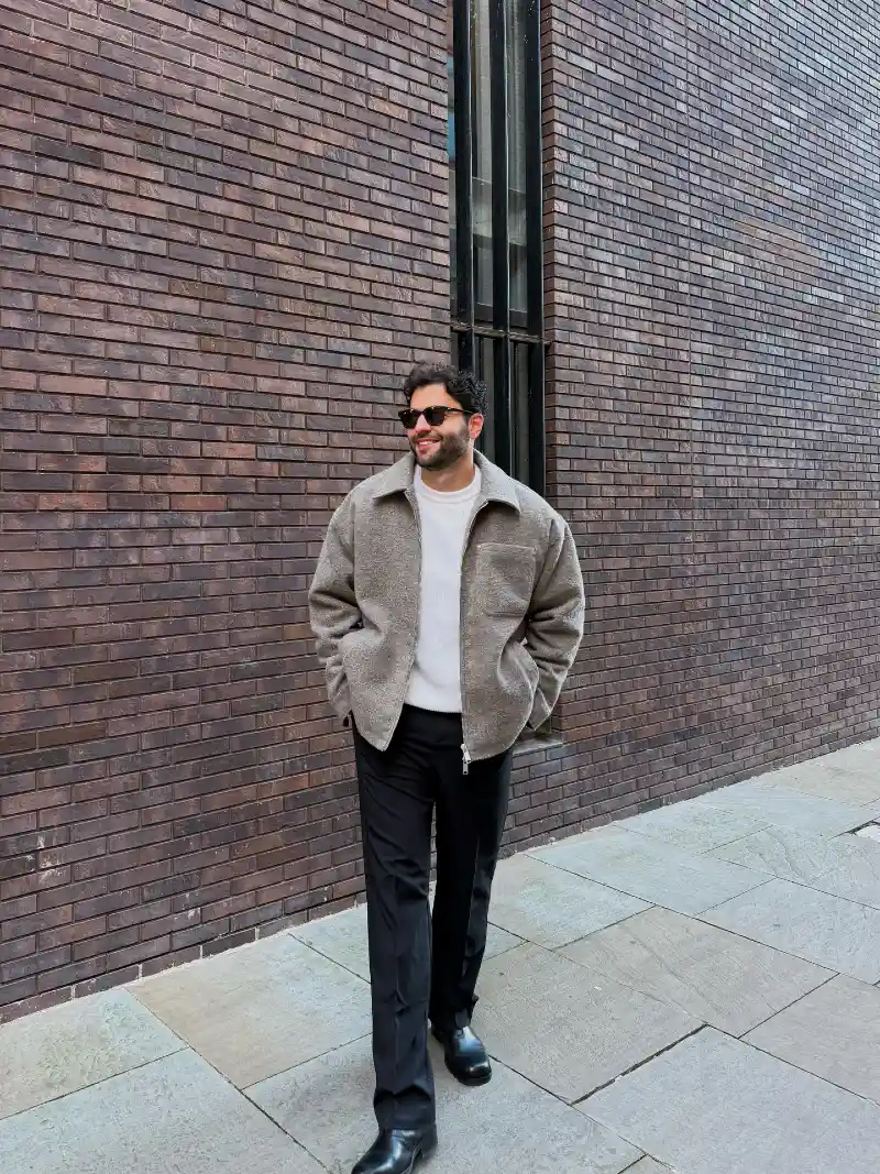 Wool-Blend Zip Jacket with White Sweater and Trousers