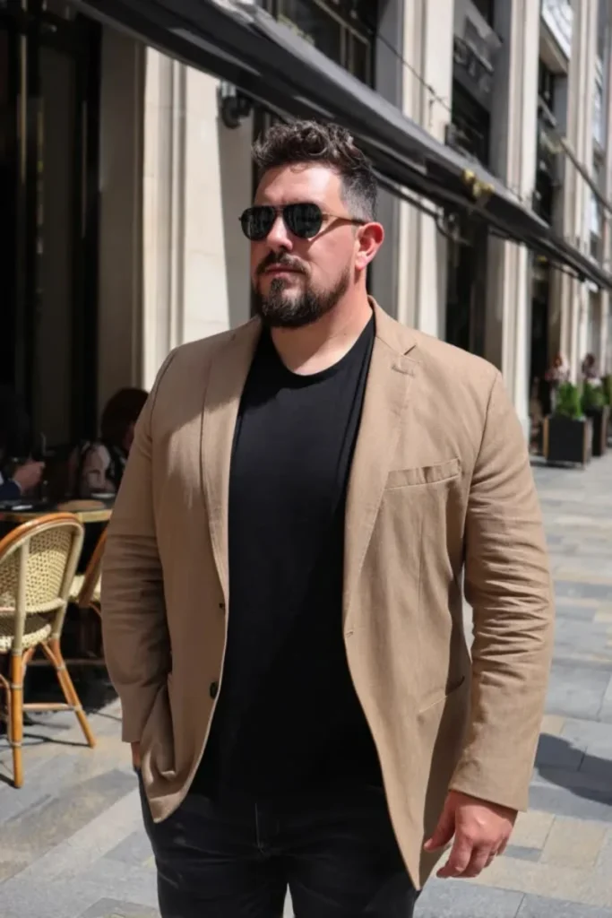 Woven Camel Blazer Over Matte Black Basics