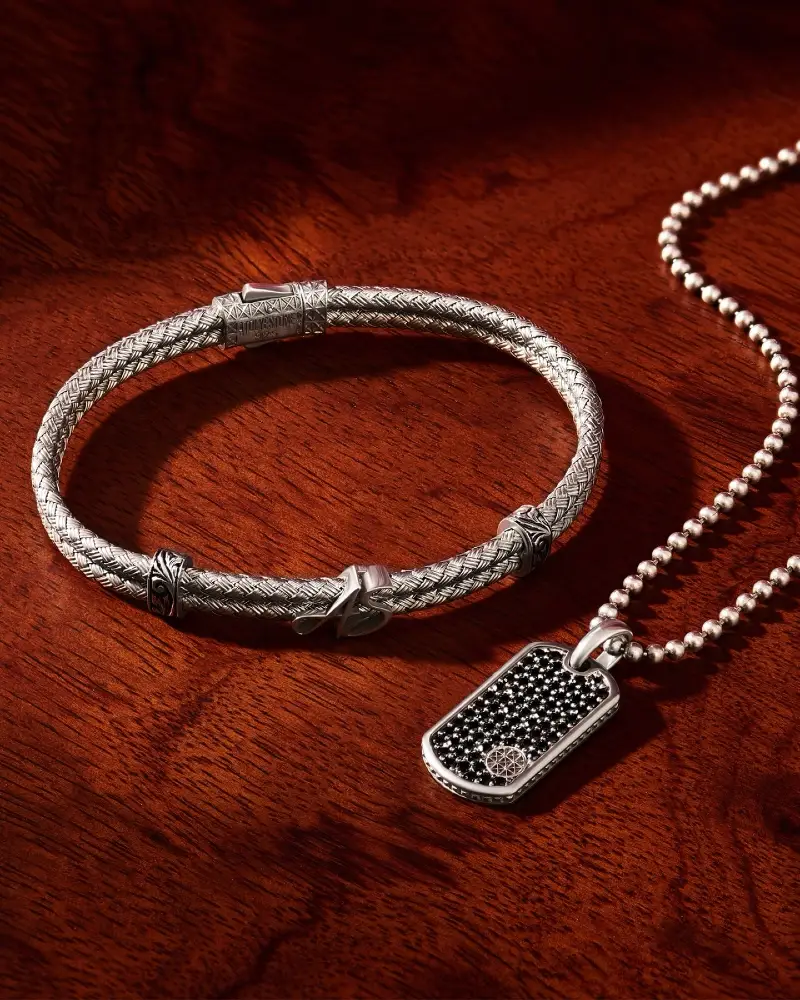 Woven Silver Bracelet and Gemstone Dog Tag