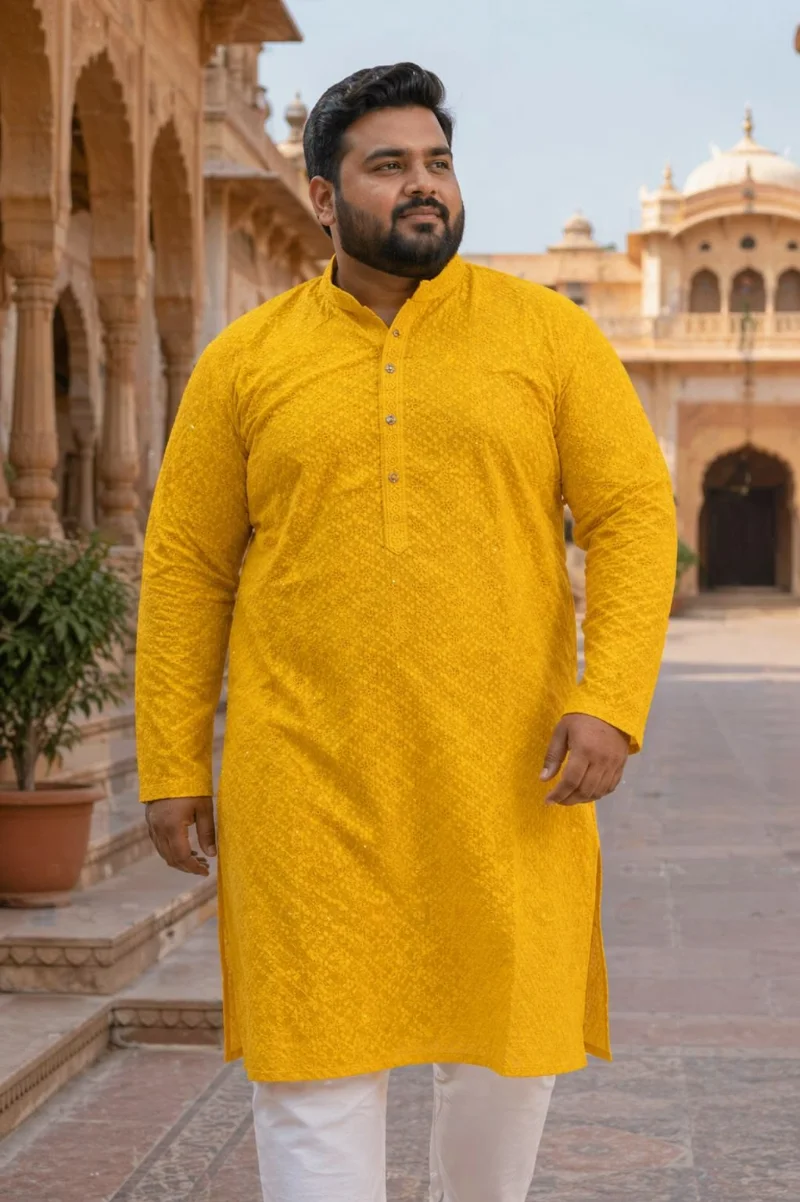 Yellow Textured Kurta with White Pajama