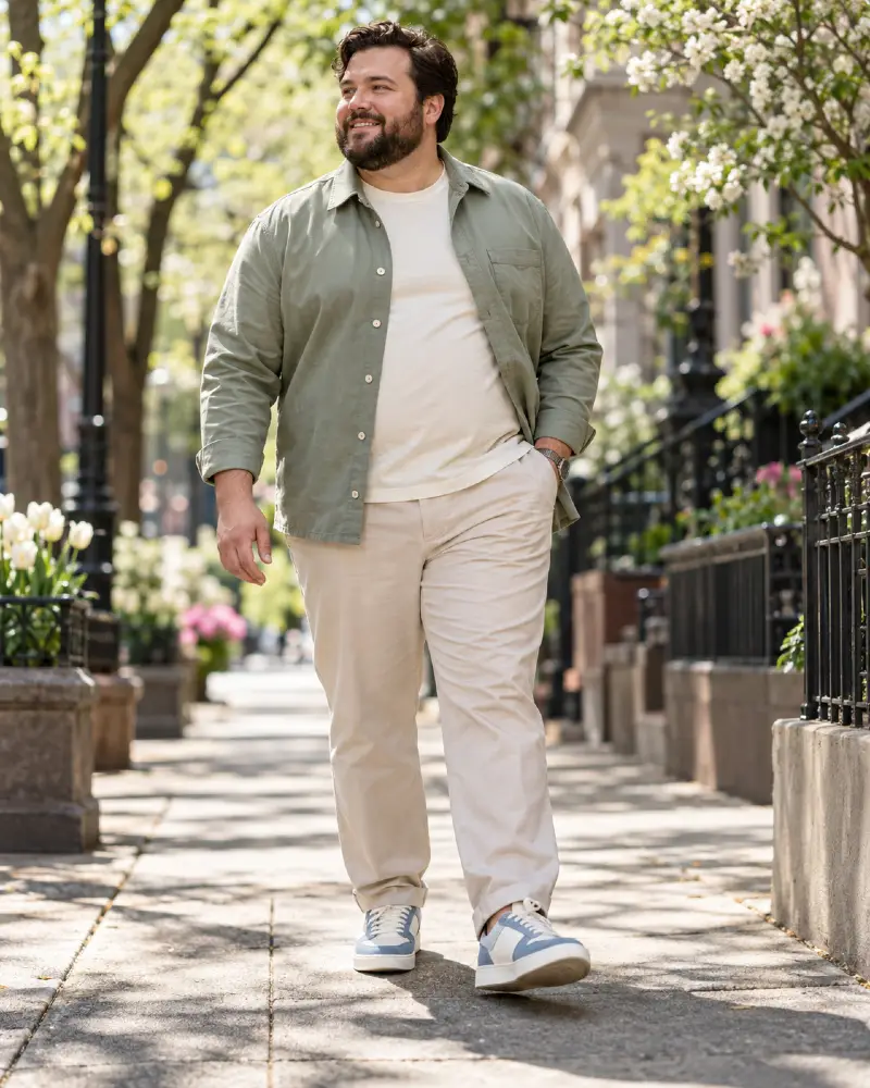 Sage Green Overshirt With Light Blue Sneakers