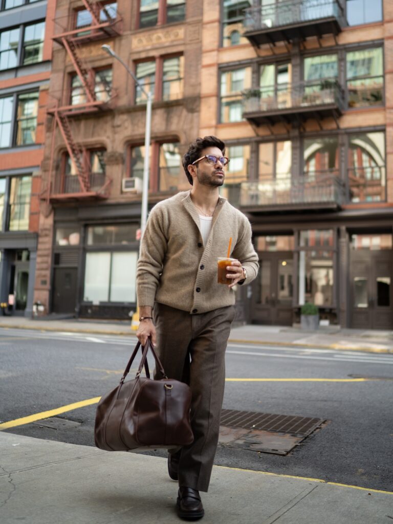 Beige Cardigan and Brown Trousers