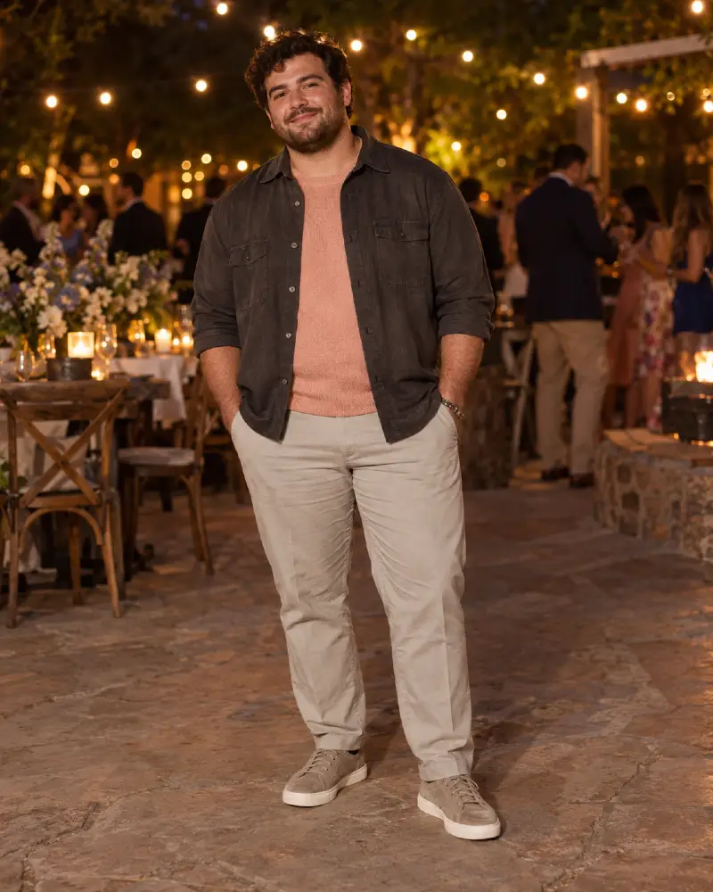 Charcoal Over shirts and Warm Peach Tones for Backyard Festivities