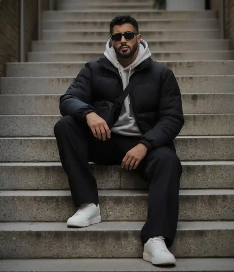black puffer jacket, grey hoodie, black trousers, and white sneakers