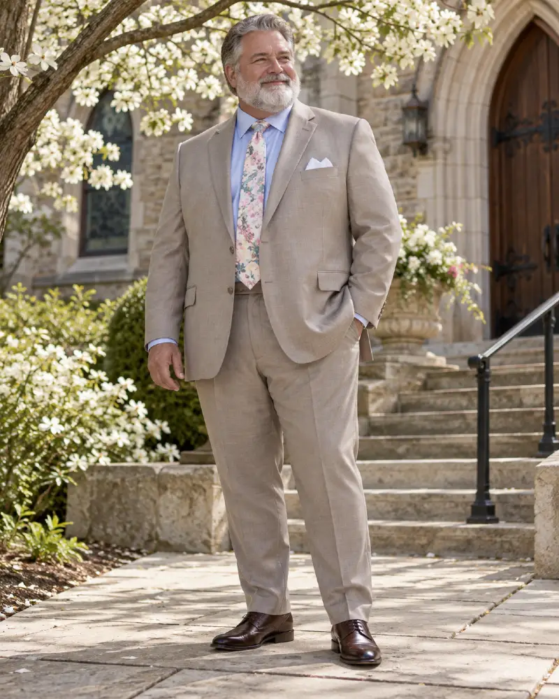 Crisp Tan Suit And Light Blue Shirt