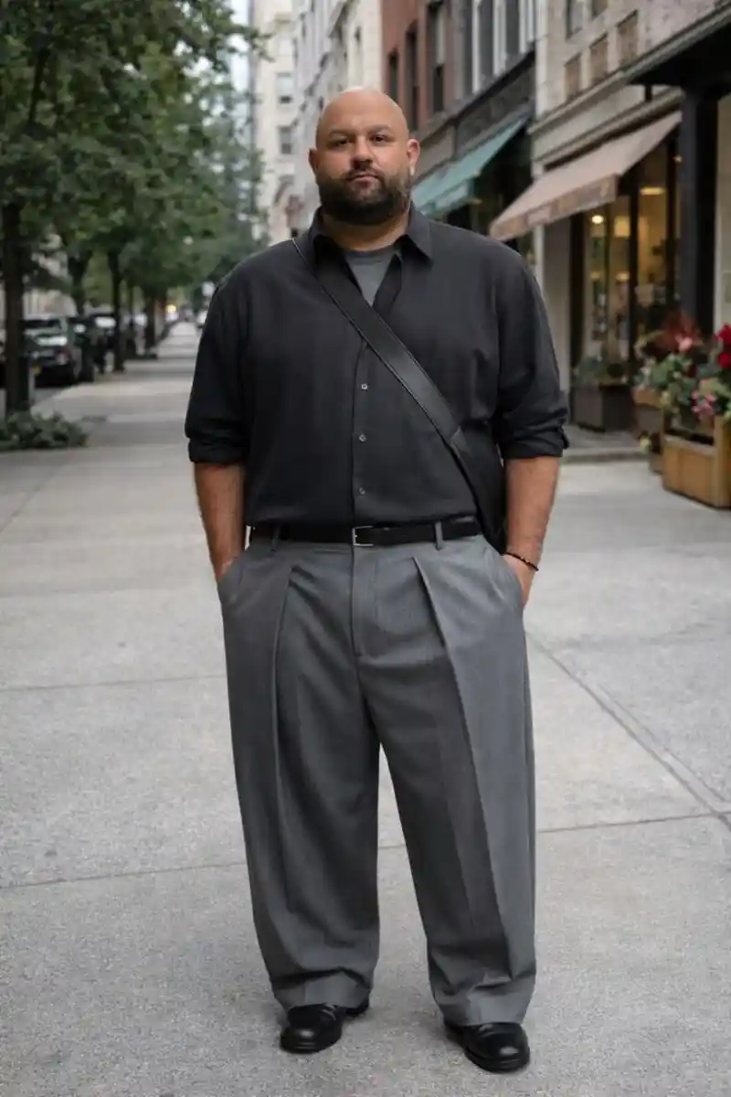 dark grey button-up shirt, grey pleated trousers, and black leather shoes
