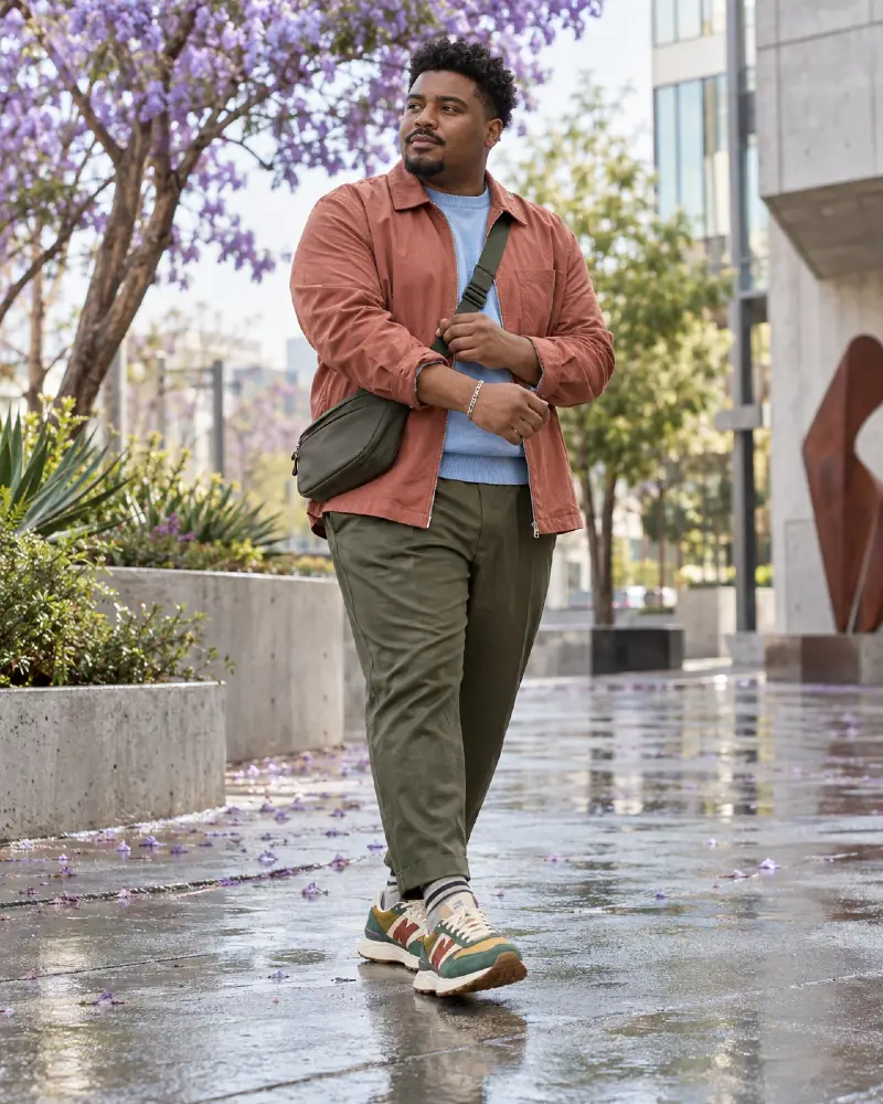 Rust Jacket With Multi Color Retro Sneakers
