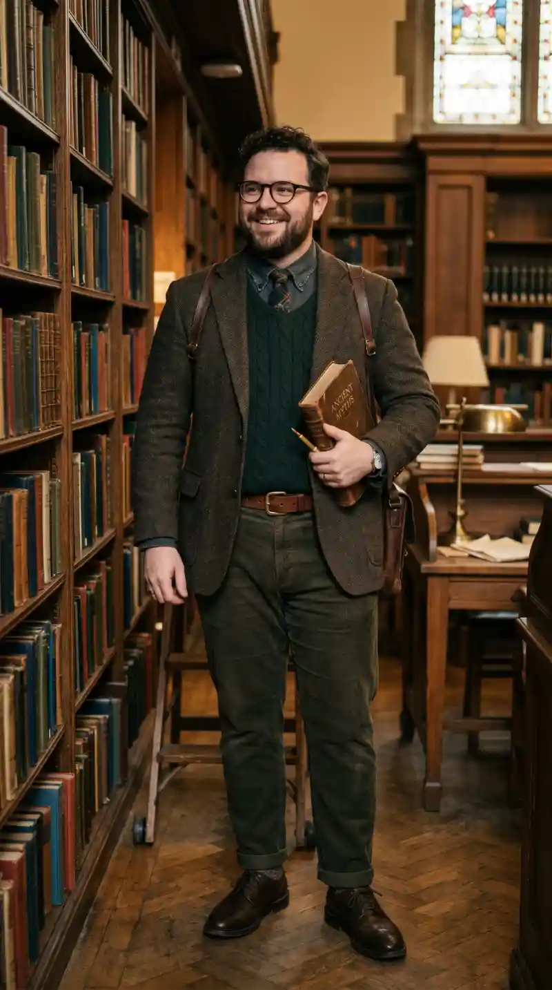 herringbone blazer, sweater vest, dress shirt, corduroy trousers, and wingtip shoes