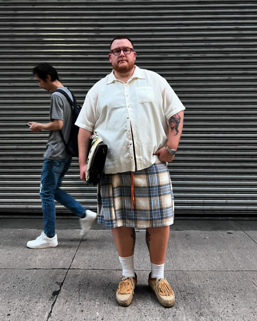 18. Cream Camp Shirt With Plaid Knee-Length Bottoms