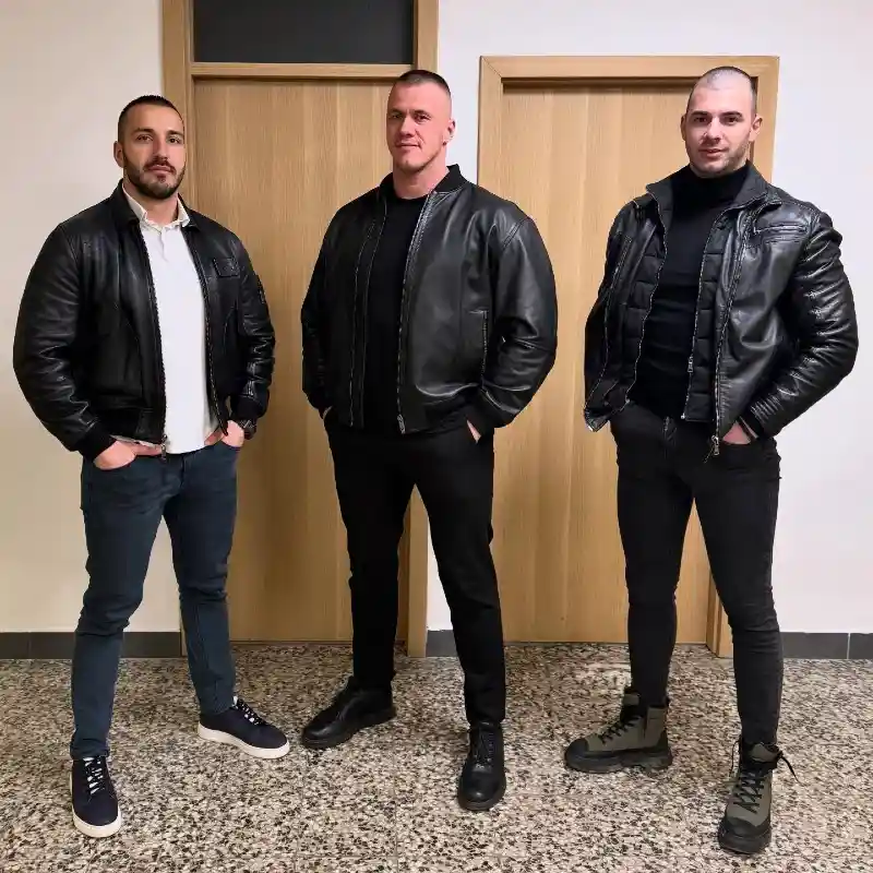 leather bomber jackets, dark denim jeans, black turtlenecks, and casual sneakers